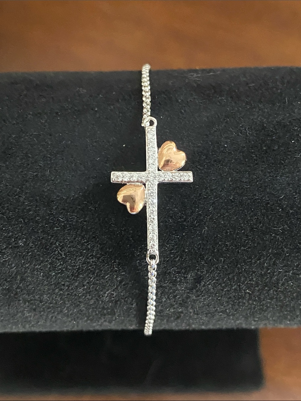 PAJ Sterling Silver Cross Bracelet with CZ stones and bronze hearts